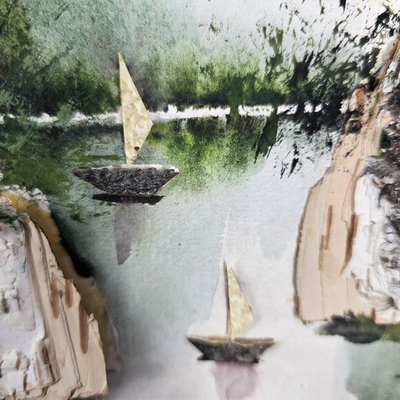 Vintage 3D Mixed Media Landscape Art Framed Original Boats Cliffs Trees 8x6 - Picture 6 of 12